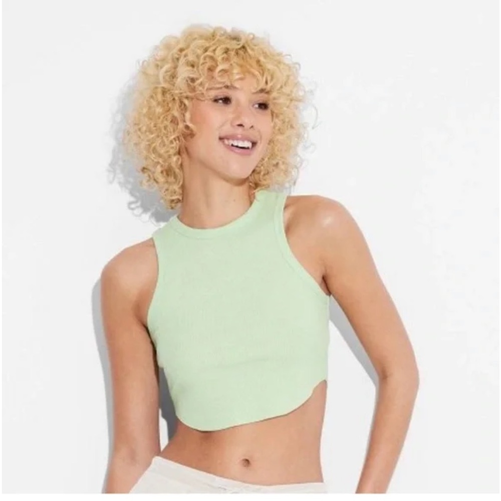 NWT Wild Fable XXS GREEN Ribbed Cropped Racerback Tank Top Halter Tiny - Picture 2 of 12
